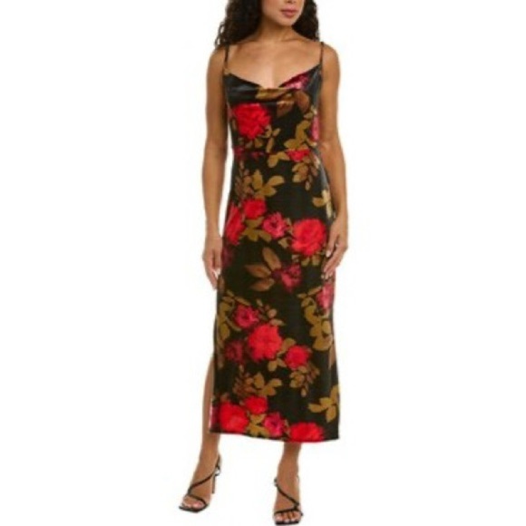 Taylor Printed Stretch Velvet Midi Dress Y2K Side Slits Thin Straps Evening 6 - Picture 1 of 10